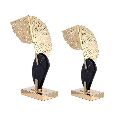 China Interior Ornaments Fan Lotus Leaf Shape Brass Color Modern Stainless Steel Ornaments Stainless Steel Arts Crafts Office Home Decor Coffee Room Sample Decoration Table Accessories for sale