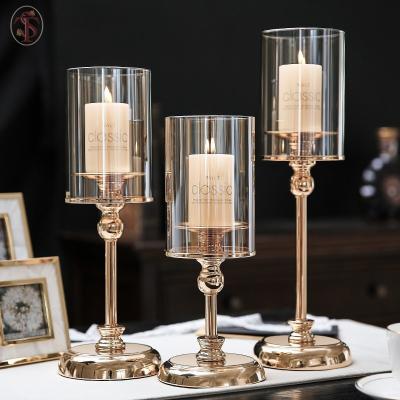 China Home Decoration Candlestick Holder/Party Pillar Centerpieces Floating Candles/Cylinder Around Clear Bottom Windproof Crystal Glass Hurricane Candle Holder Golden for sale