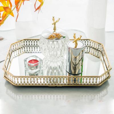 China Viable Nordic Creative Round Bedroom Toilet Bathroom Cup Storage Fruit Glass Mirror Rectangular Tray for sale