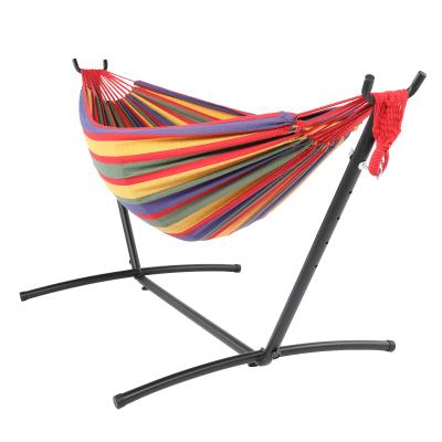 China Natural Adult 200*150cm Polyester Cotton Hammock Four Red Strip Rope Iron Hammock Set for sale