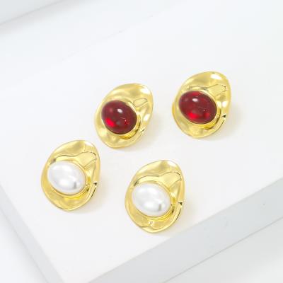 China Latest Ruby Gemstone Stud Earrings CLASSIC 925 Sterling Silver Pearl Gold Stud Earrings Set For Jewelry Gift for sale