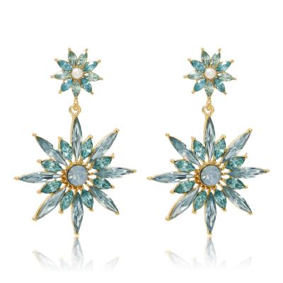 China Trendy Wholesale Fashion Jewelry Designer Statement Blue Rhinestone Flower Luster Luxury Drop Earrings For Women for sale