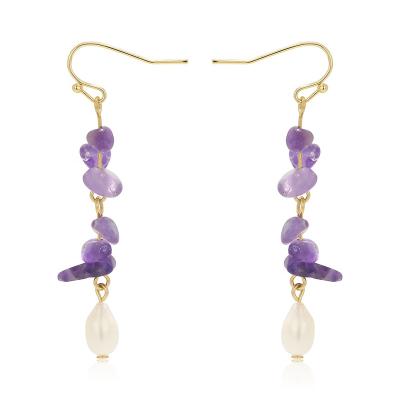 China Original Irregular Drop Earrings Vintage Healing Rose Quartz Amethyst Natural Stone Freshwater Pearl Earrings For Women Girls for sale