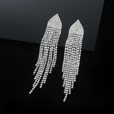 China TRENDY Sparkly Rhinestone Long Chandelier Tassel Dangle Earrings Party Clear Jewelry Tassel Long Statement Earrings for sale