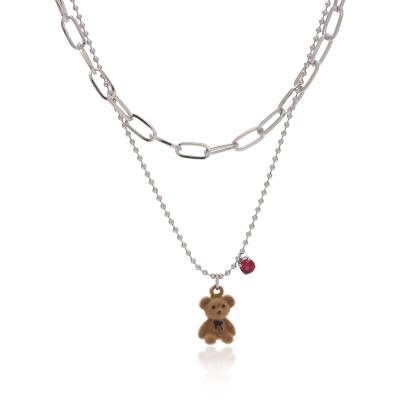 China TRENDY Double Layer Flocking Plush Teddy Bear Pendant Necklace With Red Zircon Double Layer Paperclip Ball Chain Necklaces for sale