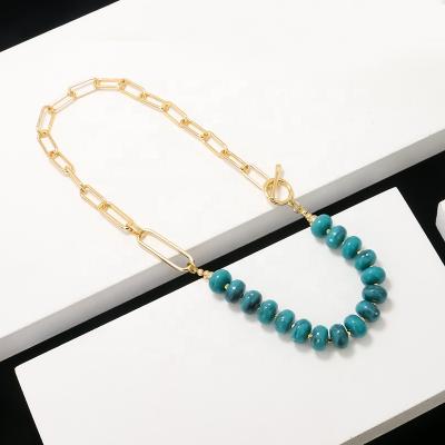 China TRENDY 18K Gold Satellite Beaded Paper Clip Chain Choker Turquoise Beads Adjustable Bar Necklace Handmade Pendant Jewelry For Women for sale