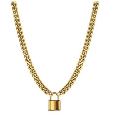 China Classic Lock Necklace Gold Chain Stainless Steel Cuban Necklace Padlock Necklace For Men Women Hip Jewelry for sale