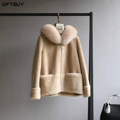 China 100% Woven Content Real Fur Coat OFTBUY Winter Jacket Women Fox Fur Collar Natural Wool Hood Teddy Polar Fleece Plush Woven Tracksuit for sale