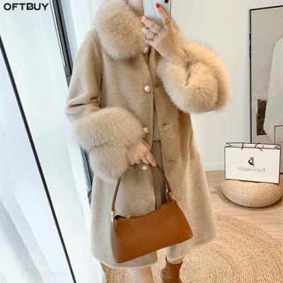 China Real Pellet Fur Women Winter Jacket OFTBUY 2021 Sheep Shearing Fox Coat Thick Warm Streetwear Tracksuit Casual Natural Fur Collar for sale