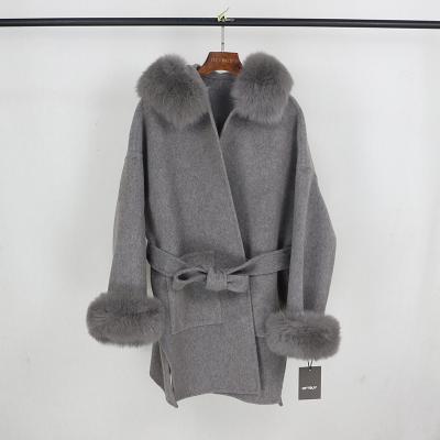 China OFTBUY 2021 Winter Jacket Women Real Wool Fur Coat Natural Fox Fur Collar Cuff Hood Cashmere Woolen Oversize Ladies Outerwear for sale