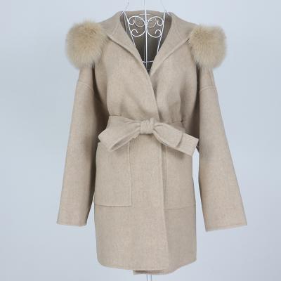 China OFTBUY 2021 New Loose Oversized Cashmere Wool Blends Real Fox Fur Coat Winter Jacket Women Natural Hood Outerwear Belt Fox Fur Collar for sale