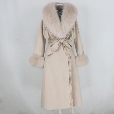 China OFTBUY 2021 Fur Tassel Cashmere A x Long Wool Blends Real Fur Coat Belt Winter Jacket Women Natural Fox Fur Collar Cuffs Streetwear for sale