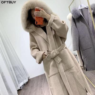 China Real Fur Coat OFTBUY 2021 Winter Women Fox Fur Collar Real Fur Hood Cashmere Wool Blends One x Long Tracksuit Korea Streetwear for sale