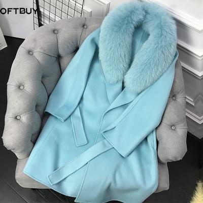 China OFTBUY 2021 Winter Real Fur Coat Fox Fur Collar Cashmere Natural Wool Blends Women Long Outerwear Belt Ladies Streetwear for sale