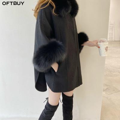 China OFTBUY 2021 Winter Jacket Women Real Fur Coat Natural Fox Fur Collar Cuffs Loose Rocket Sleeve Cashmere Wool Woolen Outerwear for sale