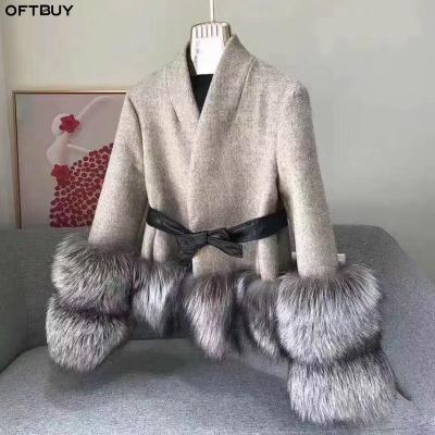 China OFTBUY Winter Jacket Women's Thick Warm Cashmere Wool Blends Real Fur Coat 100% Silver Fox Natural Fur Cuff Outwear Streetwear New for sale