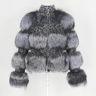 China Real Silver Fox Fur Coat OFTBUY 2021 Winter Fur Jacket Women Natural Raccoon Fur Weave Wool Stand Collar Plaid Tracksuit Streetwear for sale