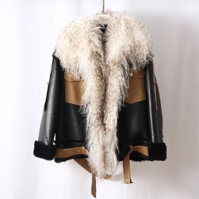 China OFTBUY 2021 Real Mongolia Sheep Fur Collar Winter Merino Women Jacket Genuine Leather Belt Coat Natural Dishonest Fur Sheep Leather for sale