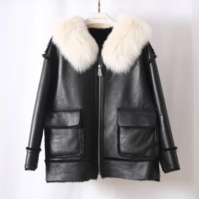 China OFTBUY 2021 Real Fox Coat Genuine Leather Warm Outerwear Merino Dishonest Fur Collar Sheep Leather Winter Natural Jacket Women's Warm Outerwear for sale