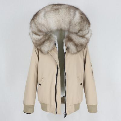 China OFTBUY 2020 New Women Raincoats Natural Fox Fur Collar Hood Warm Thick Outerwear Real Fur Coat Parka Bomber Winter Jacket Women for sale