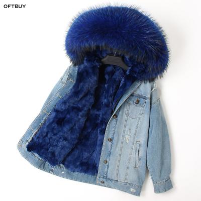 China OFTBUY 2021 winter real fur coat parka shorts real jacket women real fur raccoon fox collar rex rabbit fur liner hole bomber denim jacket for sale