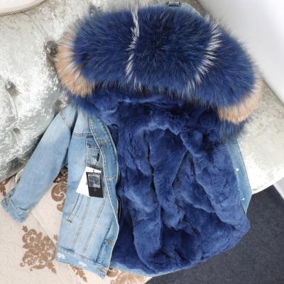 China OFTBUY 2021 Winter Real Fur Coat Women Real Fur Coat Parka Jacket Striped Denim Jacket Streetwear Real Raccoon Collar Rex Rabbit Coating for sale