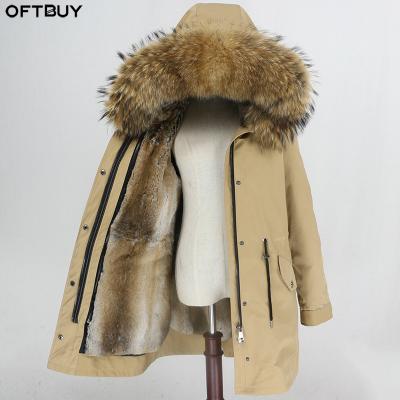 China OFTBUY Hood Rabbit Fur Liner Long Fur Collar Natural Tracksuit Streetwear Winter Parka Jacket Real Women Waterproof Fur Coat for sale