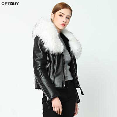 China OFTBUY 2021 New Winter Waterproof Coat Women's Dishonest Sheepskin Leather Jacket Real Fur With Raccoon Dog Fur Collar Wool Coating for sale