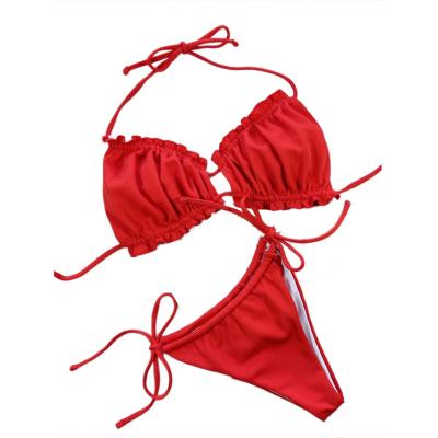 China 2023 Windproof In Side Tie Strap Mini Micro Ribbed Two Piece Bikini Set Halter Triangle Beach Wear Solid Sexy Swimsuit Women Running Swimwear for sale