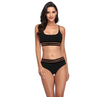 China New Wholesale Custom Private Label Bikini Beach Wear Black Sexy Two Piece Bandeau Windproof With Mesh Swimsuit Women High Waist Swimwear for sale