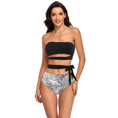 China New Bandeau Tie Bandeau Beachwear Bikini Cutout Side Women's High Waist Swimwear Sexy Two Piece Strapless Custom Made Windproof Swimsuit for sale