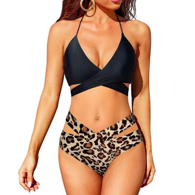 China Custom Windproof New In Front Cross Two Piece Print Print High Waist Swimwear Bikini Halter Triangle Beachwear Running Sexy Women Swimsuit for sale