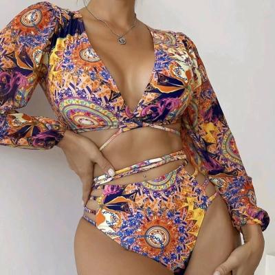 China 2023 Windproof New In Front Cross Swimsuit Women High Waisted Sexy Two-Piece Long Sleeve Beach Wear Bikini Print Bottom Swimwear for sale