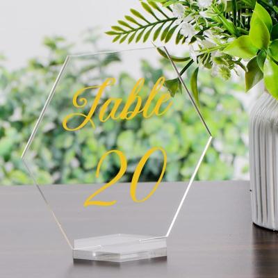 China Shop Modern Perspex Calligraphy Table Numbers Acrylic Hexagon Table Number Signs With Holders Table Number Holders Sign for sale