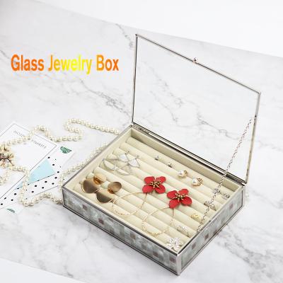 China Velvet Tray Jewelry Case Jewelery Packaging Pattern Glass Jewelry Box With Lid Vanity Vintage Metal Brass Dustproof Jewelry Display Organizer for sale