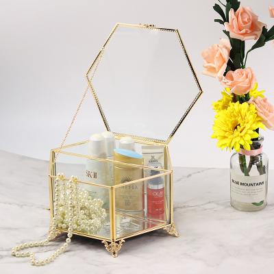 China Glass Clear Glass Jewelery Box with Removable Velvet Tray - Jewelery Case with Lid Vanity Vintage Metal Brass Dustproof Organizer for sale