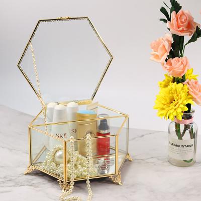 China Glass Jewelry Case with Lid Vanity Vintage Metal Brass Dustproof Jewelry Display Organizer for Earring Ring Necklace for Bedroom for sale