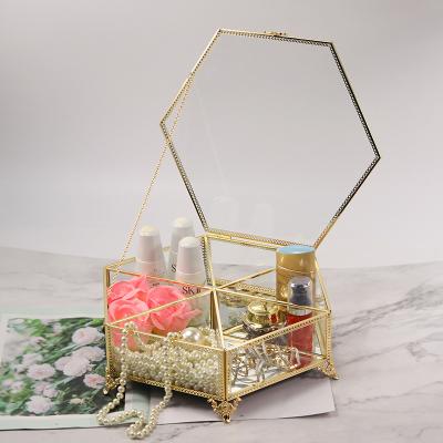 China Clear Glass and Metal and Brass Cosmetic Storage Trinket Organizer Beauty Display Vintage Gold Glass Box Lipstick Makeup Holder for sale