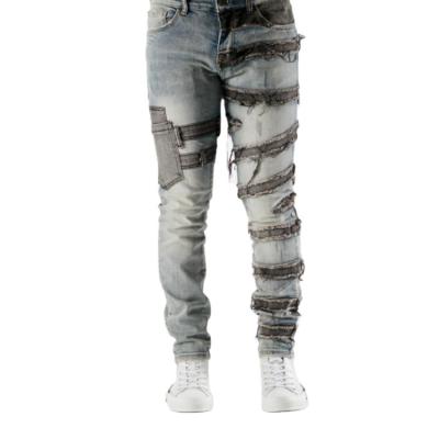 China Gray Denim Wrapped Around Leg Breathable Pocket Ripped Damaged Distressed Plus Size Mens Jeans for sale