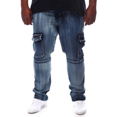 China Big and tall plus size dark blue with side pocketsoversized straight fit tooling button mens snap jeans for sale