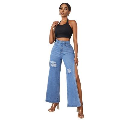 China Factory Sustainable High Waist Eight Point Ripped Double Side Slit Skirt Wearcustom Women's Loose Wide Leg Jeans for sale