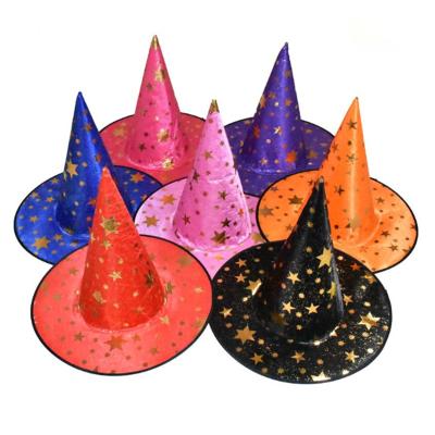 China Fashion Halloween Cosplay Black Pointed Witch Hat Hot Selling Gold Star Striped Printing Witch Party Hat for sale