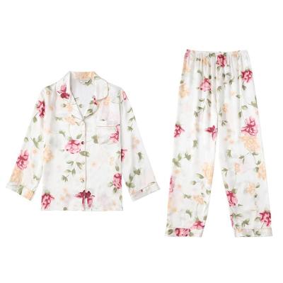 China QUICK DRY Luxury Flower Print Long Sleeve Stain Silk Nightwear Set Women Sleepwear Pajamas for sale