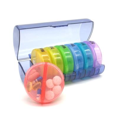 China Custom Logo Travel Round Pocket Plastic 7 Day Weekly Pill Organizer Box Set 14.2*6.6*6.3cm for sale