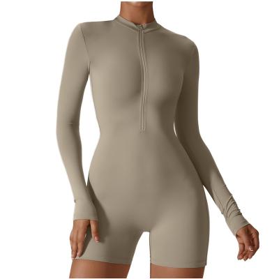 China Breathable New Fashion Long Sleeve Stretchy Soft  Seamless O Neck Jumpsuit Front Zip Compression Short Yoga Gym Jumpsuits for sale