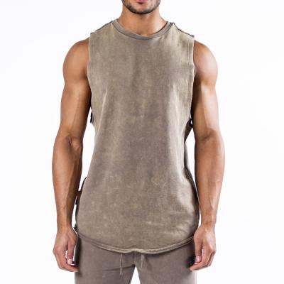 China Anti-pilling Men's Vintage Washed Vest Sleeveless Custom Solid Logo Premium Slim Fit Curved Edge Tank Tops Fitness Muscle OEM Classic Singlets for sale