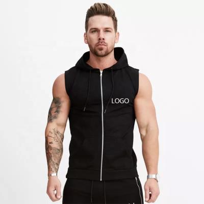 China Fitness Sleeveless Sports Hoodie Summer Anti-pilling Men's Zipper Hooded Tank Tops Slim Breathable Design Sportswear Sweatshirt OEM Custom Vest for sale