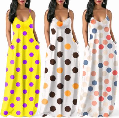 China Factory Wholesale Breathable Women Summer Sexy Deep V-Neck Polka Dot Long Dresses With Pockets for sale