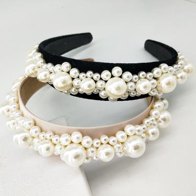 China Trendy Women Beads Baroque Hair Accessories Sponge Crown Hair Band Wide Rhinestone Headband Hair Band for sale