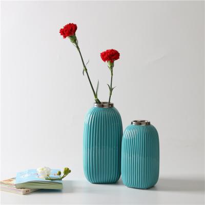 China Ceramic Ware Vases Stripes Fluted Hotel Design Logo Custom Decoration Pieces Ceramic Ware Vases for sale